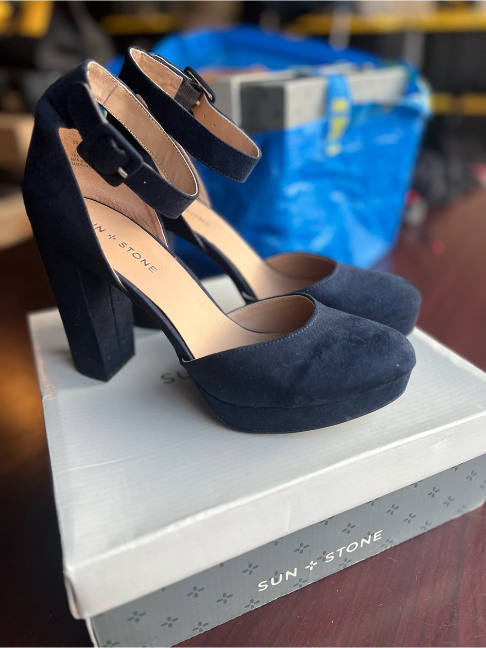 Sun + Stone Navy Suede Platform Ankle-Strap Block Heels